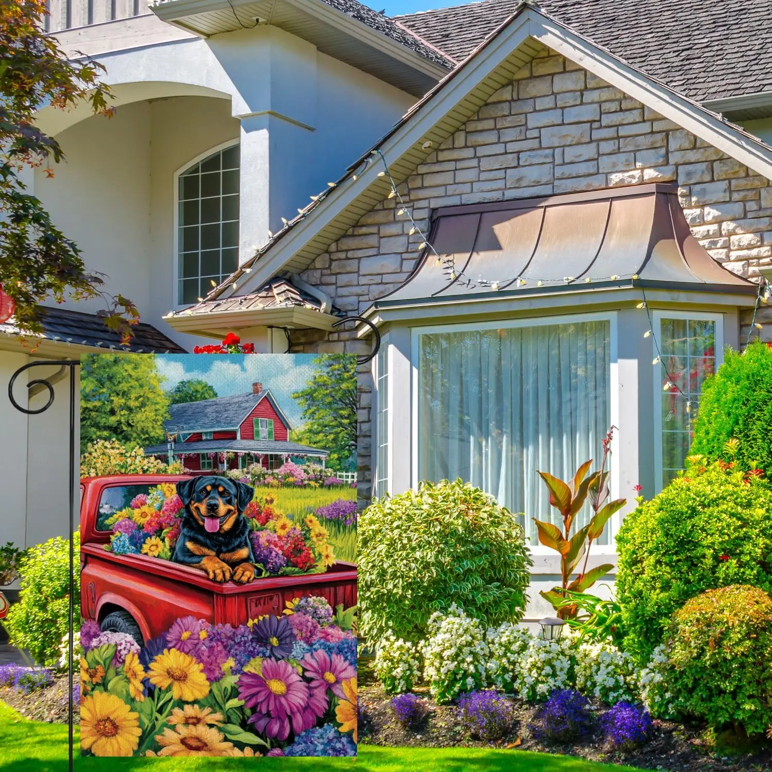 Wordatu Welcome Spring Summer Red Truck Home Decorative Garden Flag, House Rottweiler Flower Pickup Outside Decor, Puppy Far uui