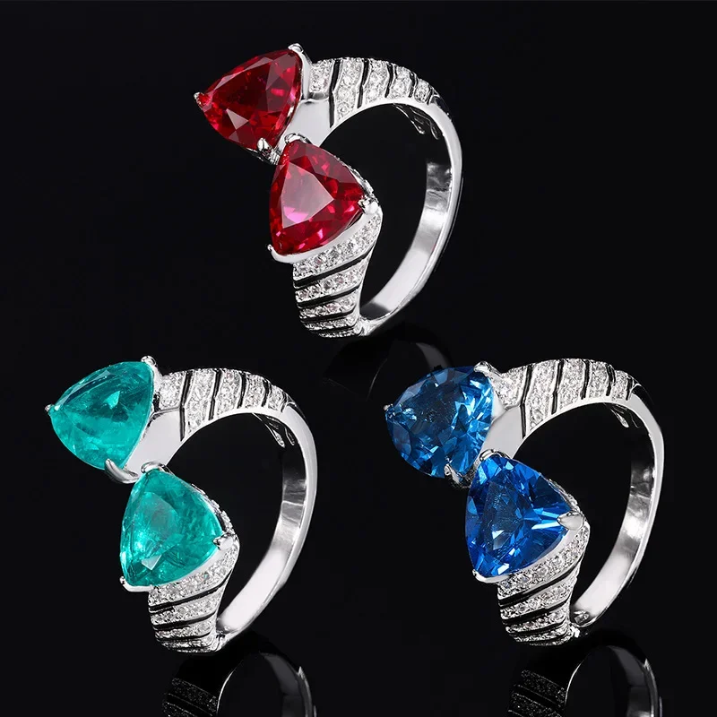 New jewelry S925 silver plated 18K gold inlaid colorful corundum fat triangle temperament cultivated gemstone ring for women 8*8