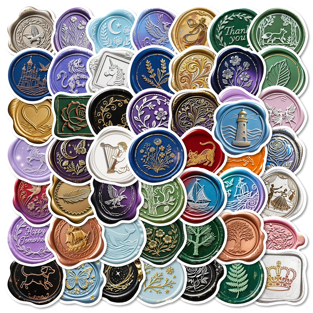 10/30/56pcs Retro Cartoon Wax Seal Stamp Stickers Aesthetic Pattern Stickers DIY Scrapbook Phone Luggage Diary Decals Decoration