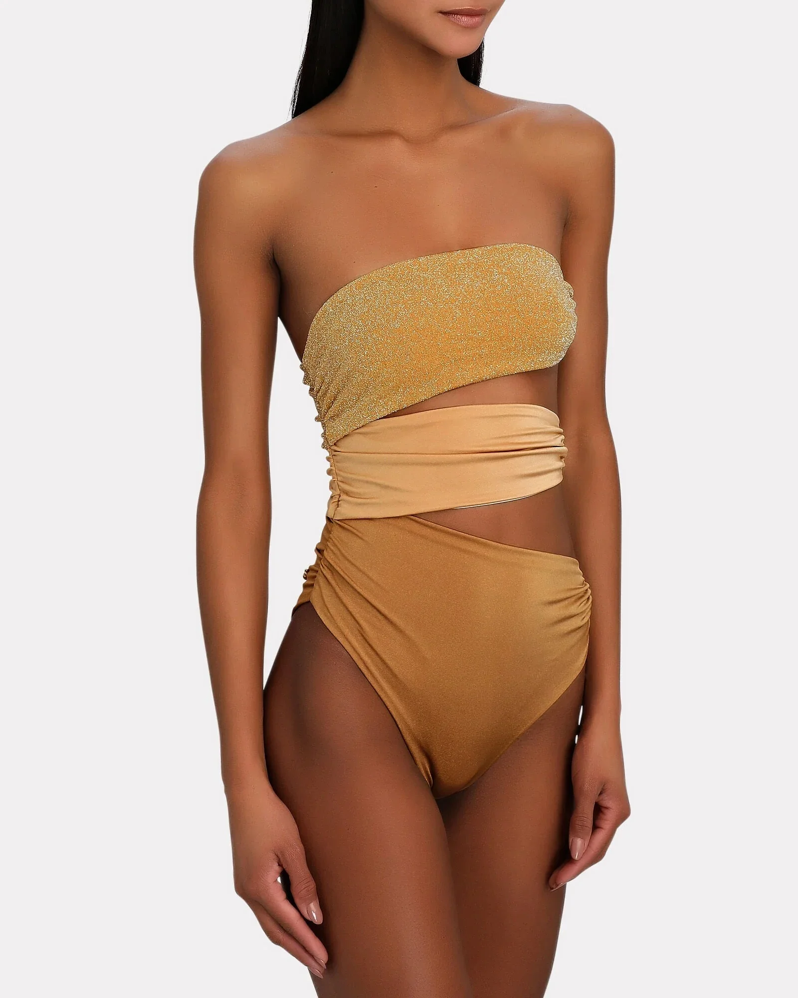 Gold Strapless Tube Top Elegant Bikini Hollow One-Piece Swimsuit High Waist Open Back Sexy Gathered Swimwear Push-Up 2022