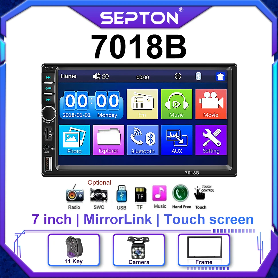 

SEPTON Car Radio Stereo Automotive for Universal Car MP5/BT/FM Auto Radio Multimedia Player HD 7 Inch 2Din Touch Screen CE