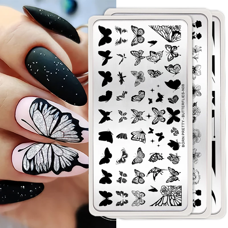 Nascido bonito-placas de estampagem de unhas, flor e design borboleta, geometria, flor, folhas, rendas, para nail art, diy, imagem, ferramenta stencil