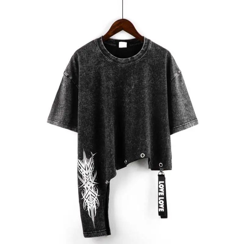 

Women Hip Hop T-shirt Summer Women's Irregular Short Sleeve T Shirt Retro Washed Distressed Design Loose Trendy Crop Top