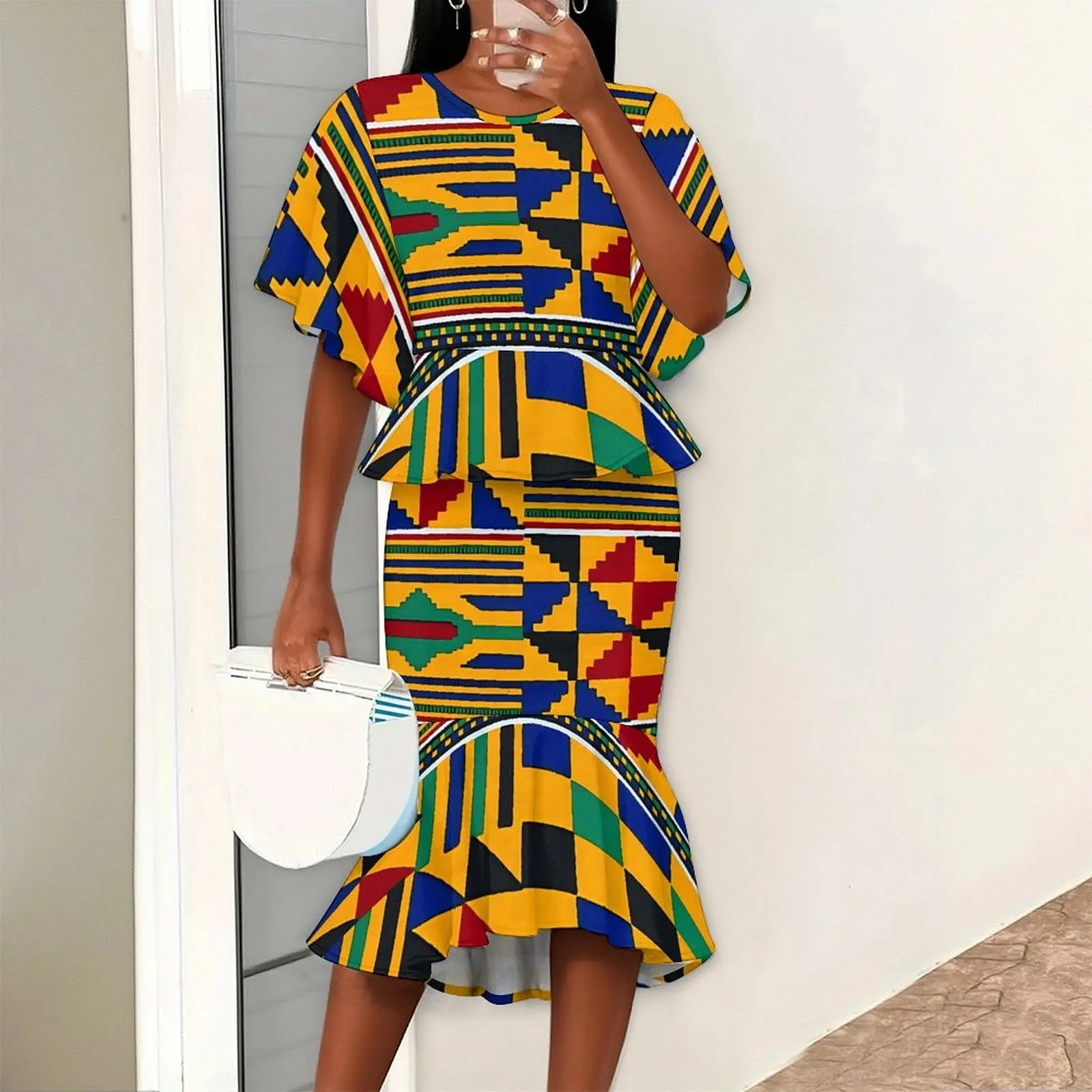 Women's Round Neck Suit Summer Fashion Leisure Two Piece Set Print Batwing Sleeve Elegant Knee-length Skirt Party Sexy Skirt