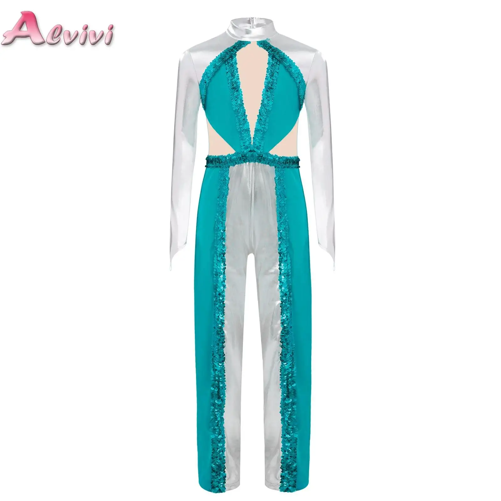 

Kids Girls Sequins Color Block Metallic Dance Jumpsuit Mock Neck Long Sleeve Mesh Patchwork Bodysuit for Jazz Ballet Hip Hop