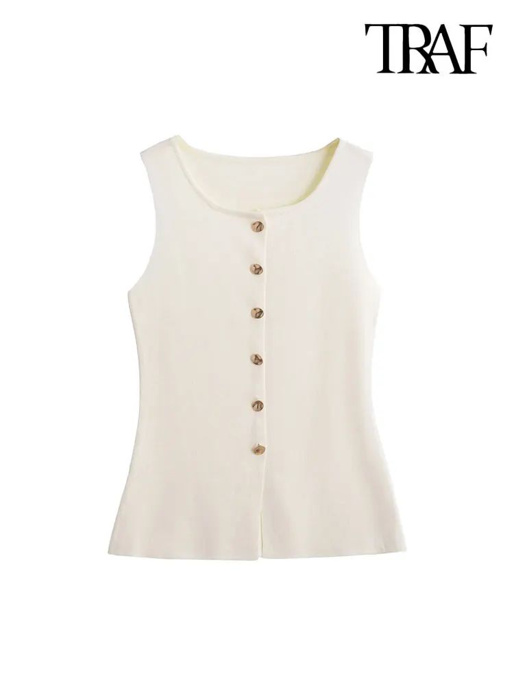 TRAF-Women's Knitted Vest with Golden Buttons, Sleeveless Sweater, O Neck, Chic Tops, Female Waistcoat, Fashion