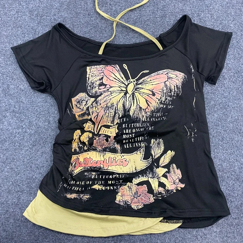 Camisetas Vintage de dos piezas falsas con cuello Halter para mujer, Tops cortos ajustados estéticos Y2k, camiseta Sexy informal Harajuku con estampado Grunge de verano