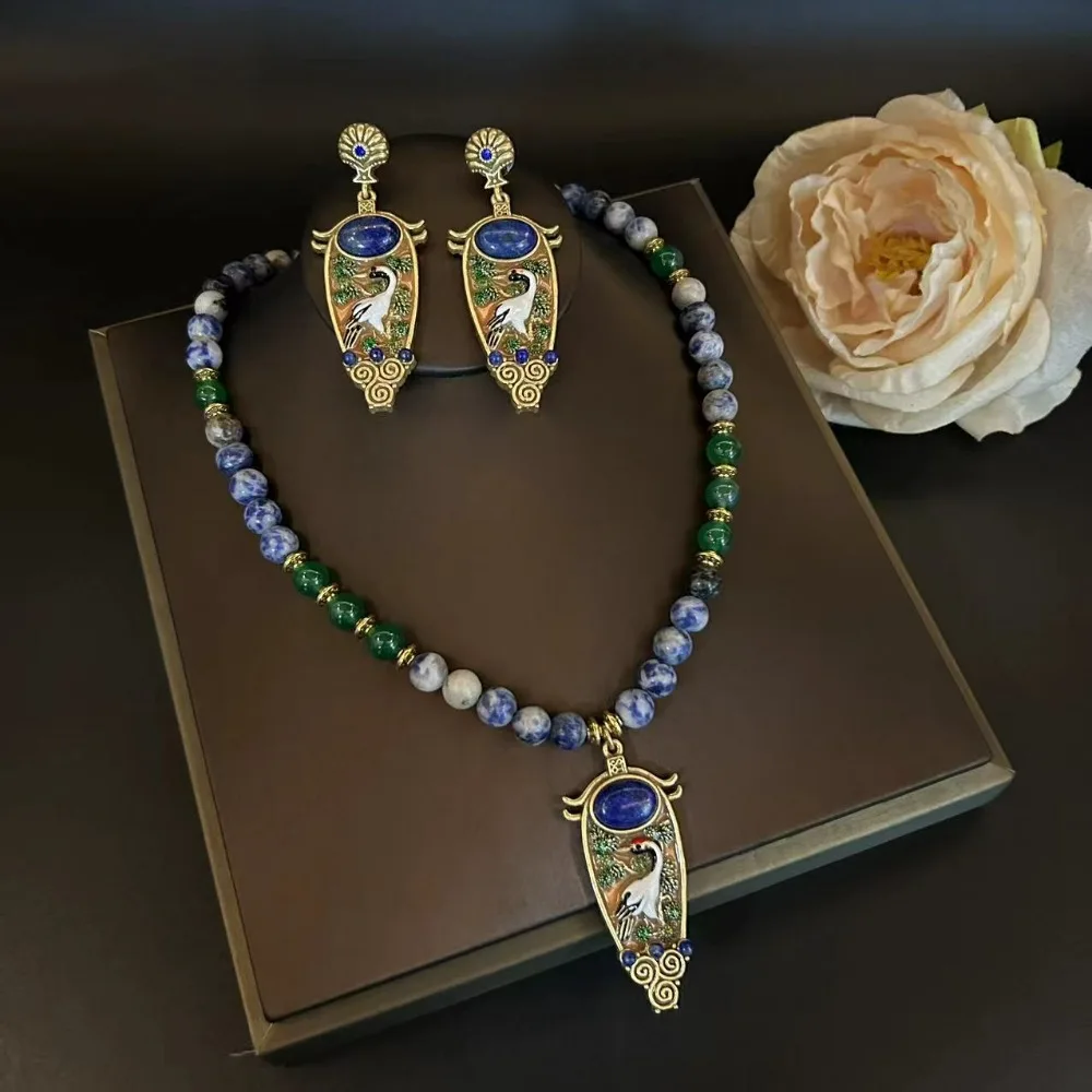 

New Chinese Style Medieval Drop Oil Enamel Auspicious Crane Mural Earrings Coloured Glazed Beads Retro Lapis Lazuli Necklace Set