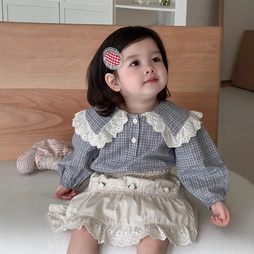 2025 Spring New Baby Girl Long Sleeve Plaid Shirts Kids Girls Lace Large Lapel Blouse Infant Cotton Tops Children Clothes
