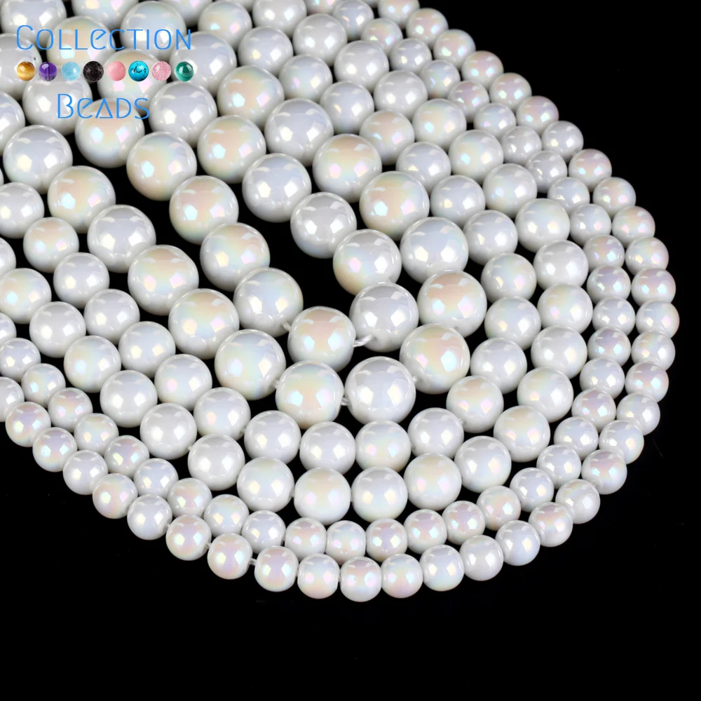 Naturalne kamienne koraliki 6 8 10 mm AB Plated White Porcelain Round Spacer Beads For Jewelry Making DIY Handmade Bracelet Necklace 15'' — zdjęcie 5