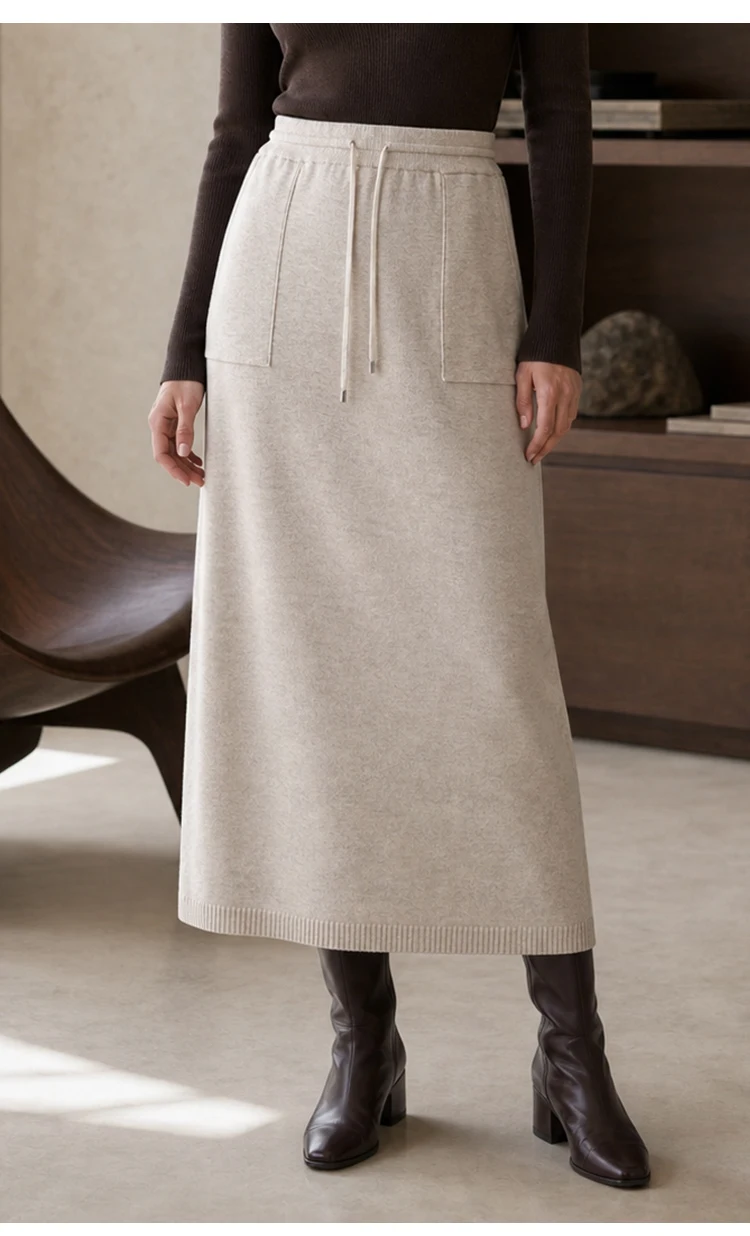 ML62132 Damen Strick-Midirock mit hoher Taille, Kordelzug, aufgesetzter Tasche, weicher Modal-Mix, A-Linie, lässiger Herbst-Winter-Rock – Detail 3