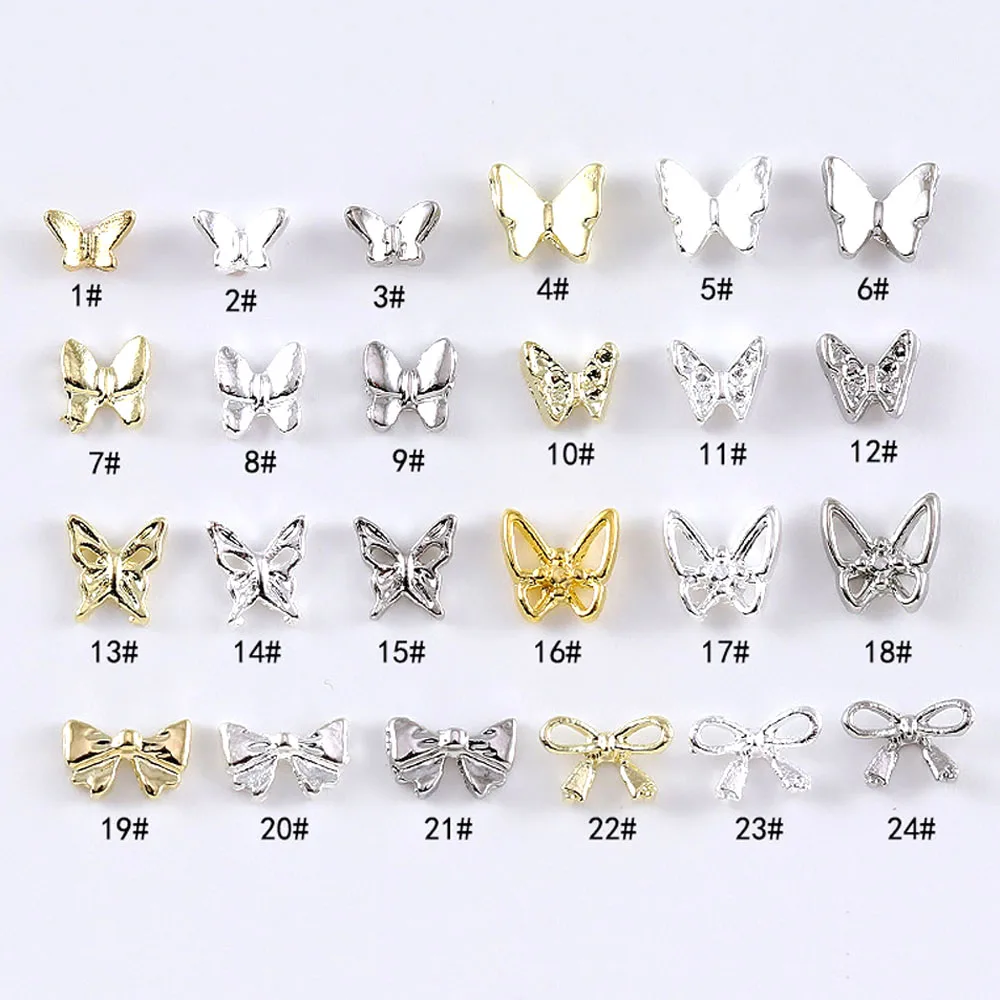 10Pcs/lot 3D Alloy Butterfly Nail Parts Gold/Silver Metal Bow Tie Mini Accessories Decoration Supplies Nail Art Charms Bulk