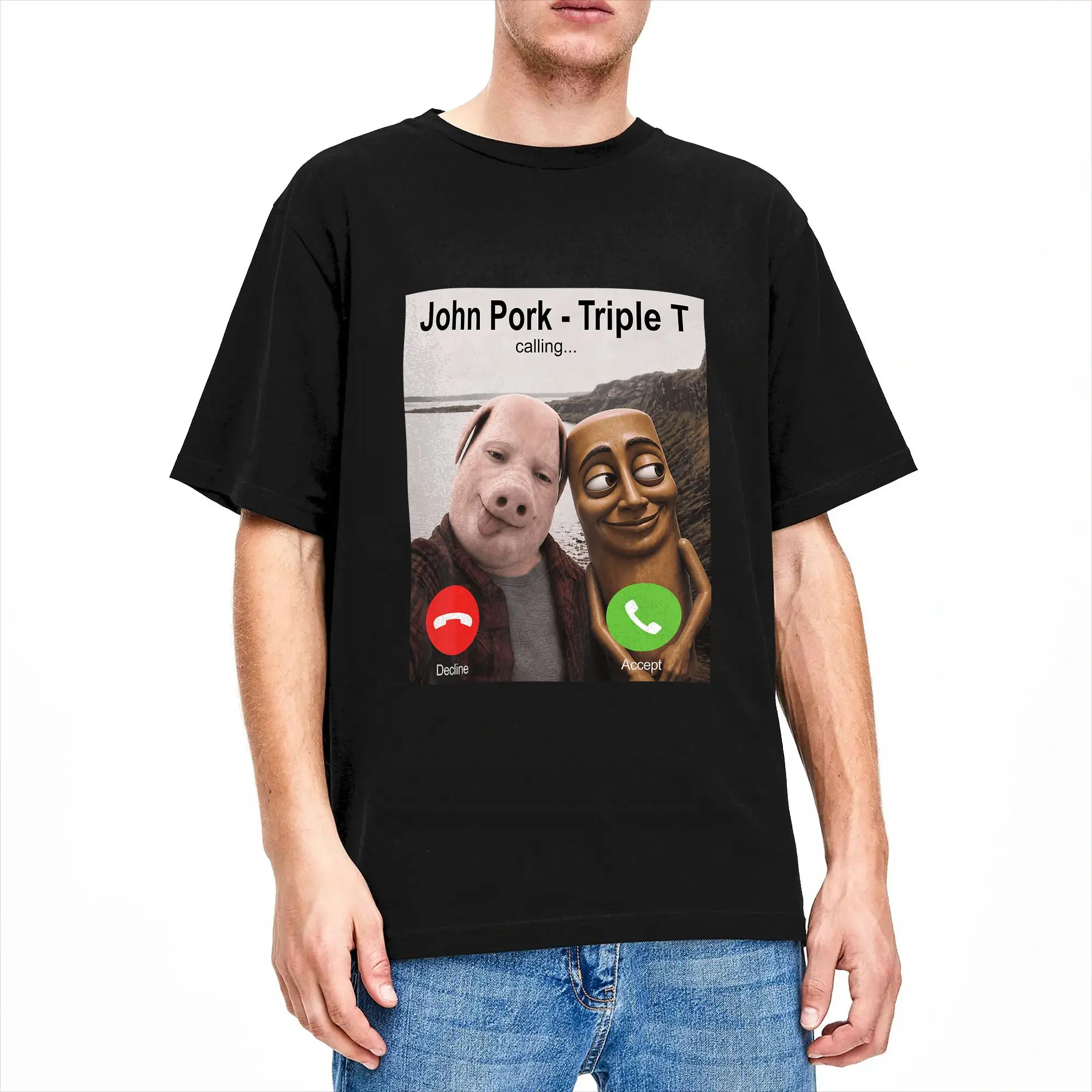 John Pork Triple T Calling Funny Viral Meme Brainrot Meme T-Shirt Men Novelty Cotton Tees O Neck Short Sleeve T Shirt