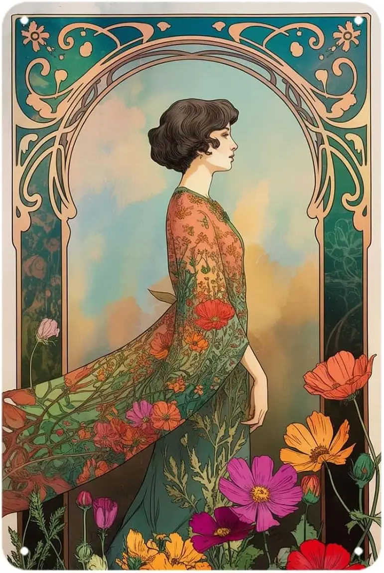 Art Nouveau Lady with Floral Gown Tin Sign Elegant Floral Aesthetic Poster Vintage Metal Signs Wall Decor for Kitchen Bar Cafe B