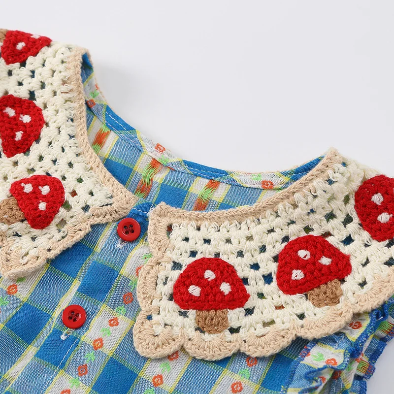 Babys Girls Rompers Bellbell Summer Infant Kids Girls Plaid Bodysuit Thin Mushroom Lace Collar Girls Onesies 0-2Y Girls Jumpsuit