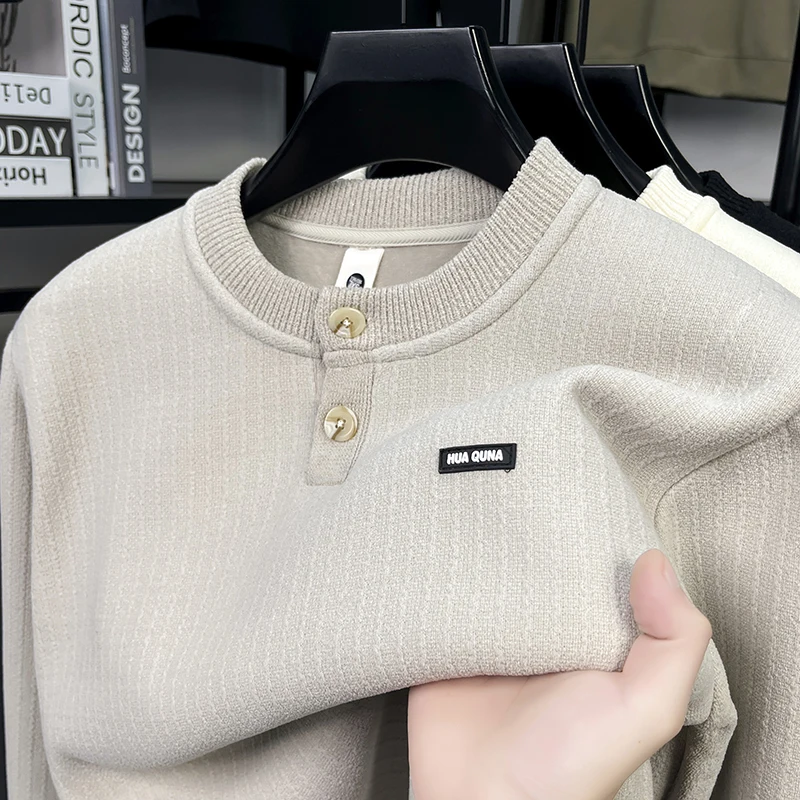 

Premium Brand Man Long Sleeves T-Shirt Round Neck Two Buttons Thickened Fleece-Lined Winter New Pullover Leisure Versatile Tops