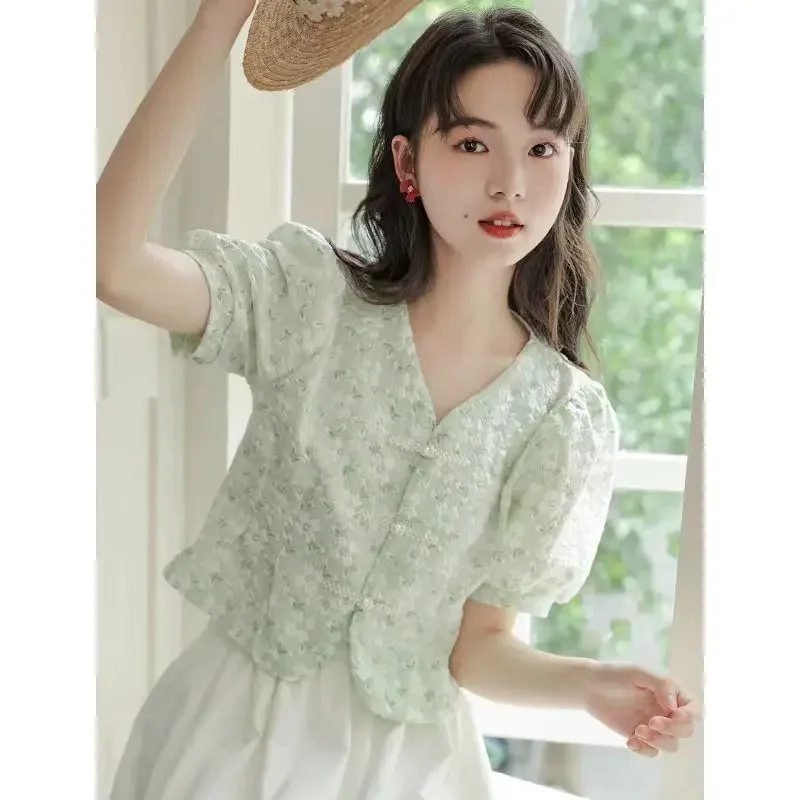 

Women Short Sleeves 2025 Summer New Pleated Waist Lantern Sleeves V-neck Chiffon Shirt Shirt Top