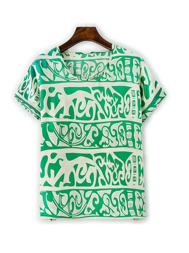 

BirdTree-Silk Elegant T-Shirt, O Neck Short Sleeve Geometry Printed, Women Fashion OL Casual Loose Top, 2025 Winter New T5D154CC