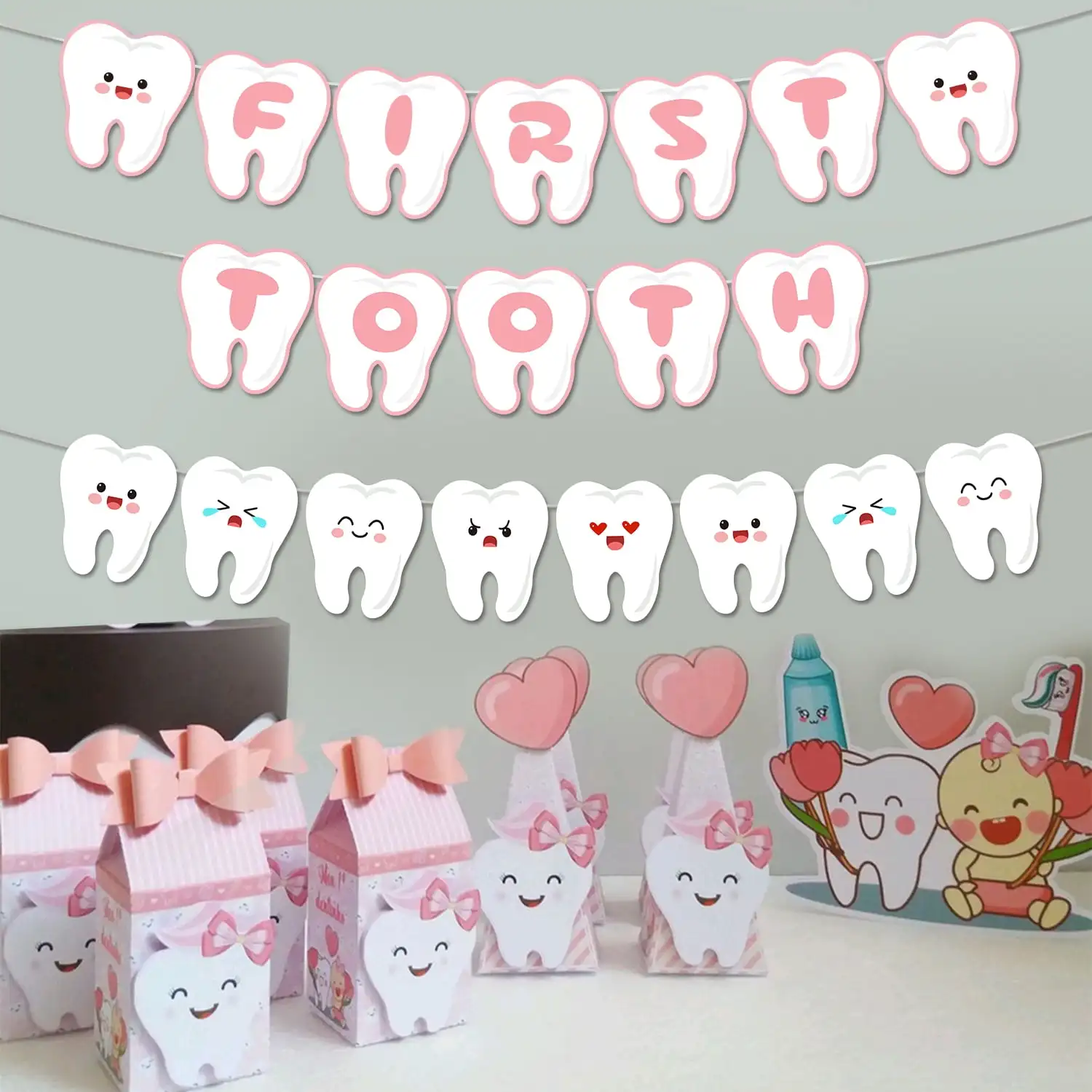 First Tooth Banner Smiling Tooth Garland First Tooth Party Decorations for Girl Boy Tooth Theme 1st Birthday Party Decoration