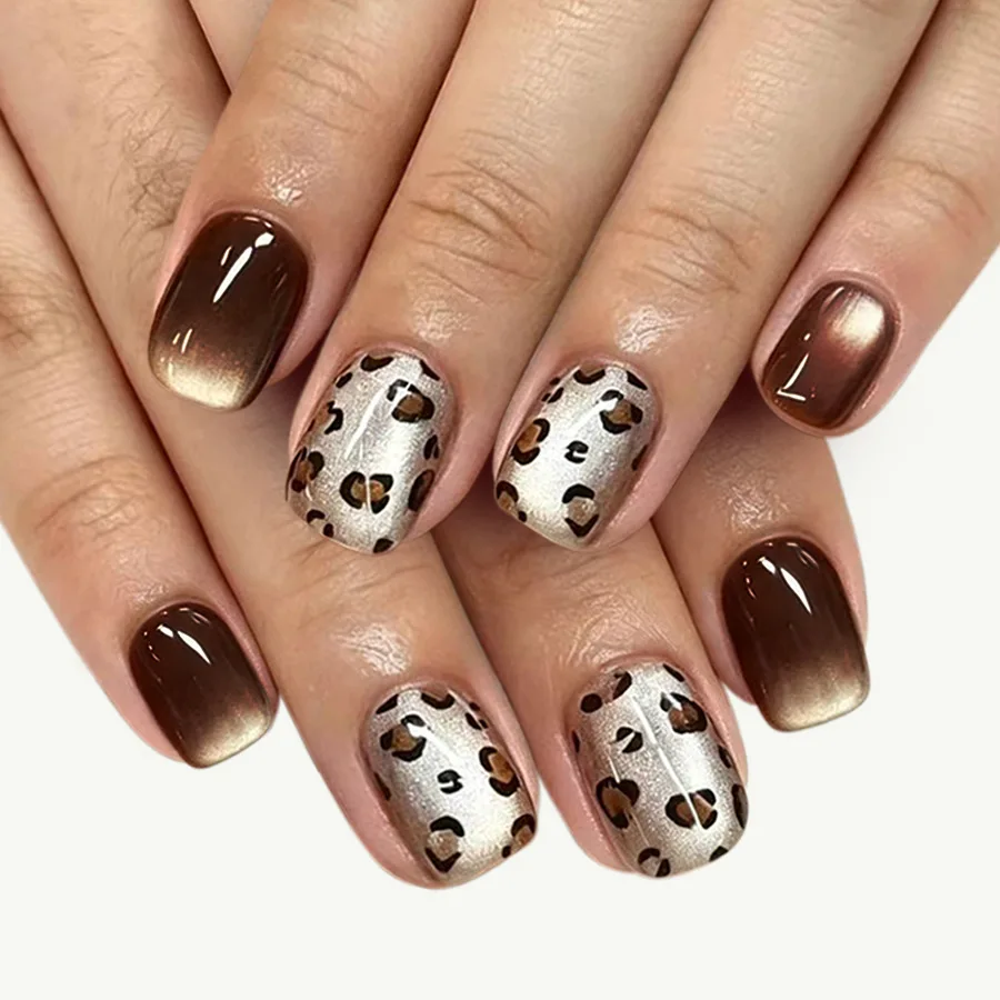 24Pcs Short Square Head Brown Cat's Eye False Nail Detachable Full Cover Polka Dot Star Nail Set Press on Acrylic Fake Nail Tips