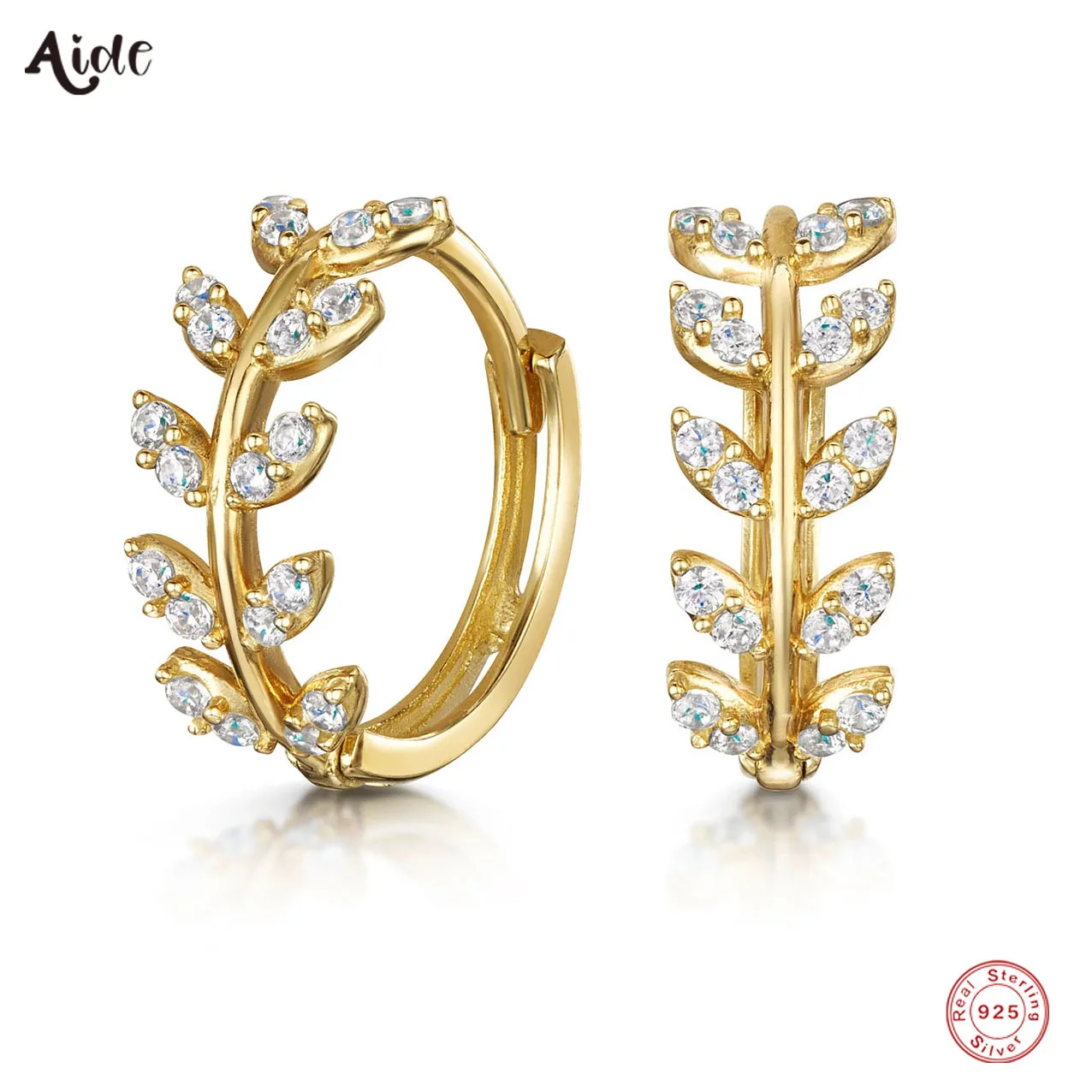 Aide 925 Sterling Silver Zircon Branch Leaves Circle Huggie Earrings For Women 8mm Beads Hoop Versatile Earrings Party Jewelry