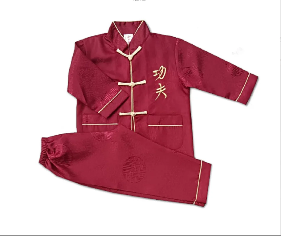 

New Chinese Traditional Clothing Children Satin Suit Kids Embroidery Dragon Kung Fu Tang Costume New Year Party Birthday Suits