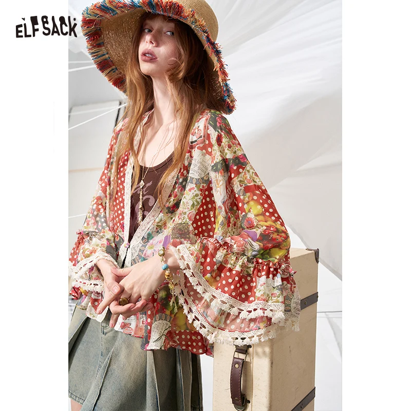 Шифоновая блузка ELFSACK в горошек с цветочным принтом и элементами пэчворка, прозрачный топ с V-образным вырезом и кружевной отделкой, винтажный летний топ в стиле бохо с длинными рукавами
