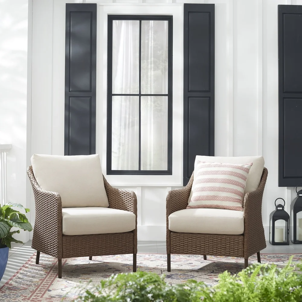 Outdoor Wicker Chair Set 2 Pack with Cushions Ergonomic Design Durable All Weather Comfortable Seating Patio Garden Relaxation