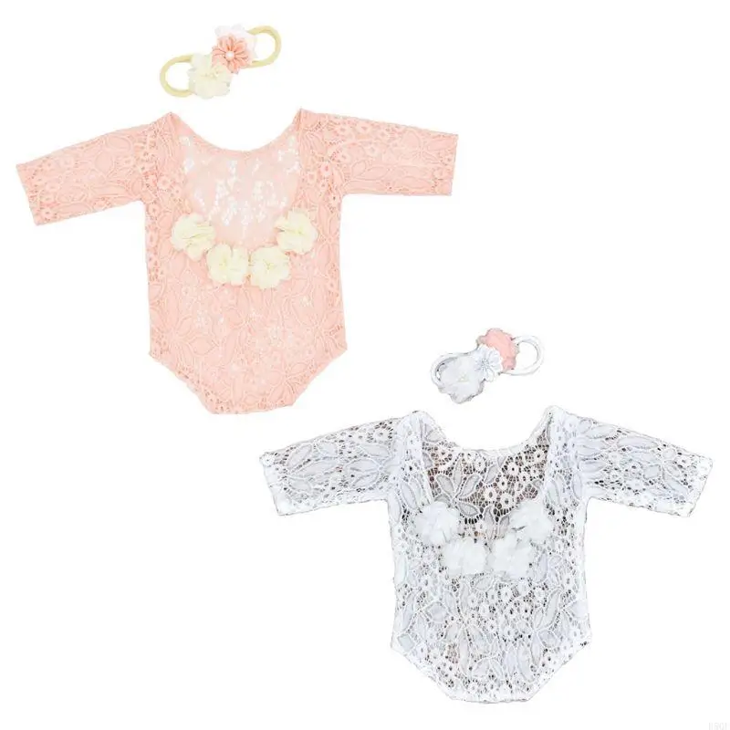 

D5QF 2 Pcs Baby Flower Pearl Headband Lace Romper Set Flower Hair Band Headdress Newborn Photography Props Outfits Set
