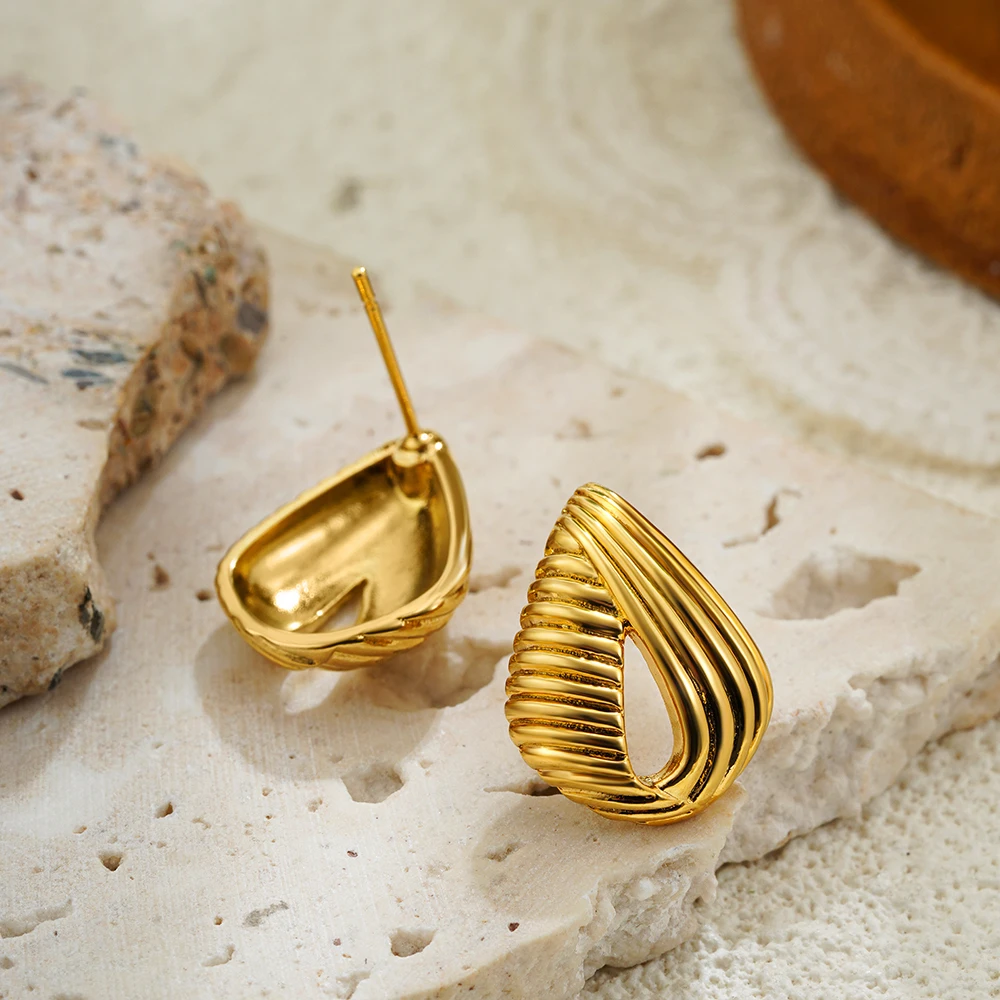 Vintage Stainless Steel Striped Hollow Waterdrop Stud Earrings Chunky Teardrop Texture Earring Versatile Personality Jewelry New