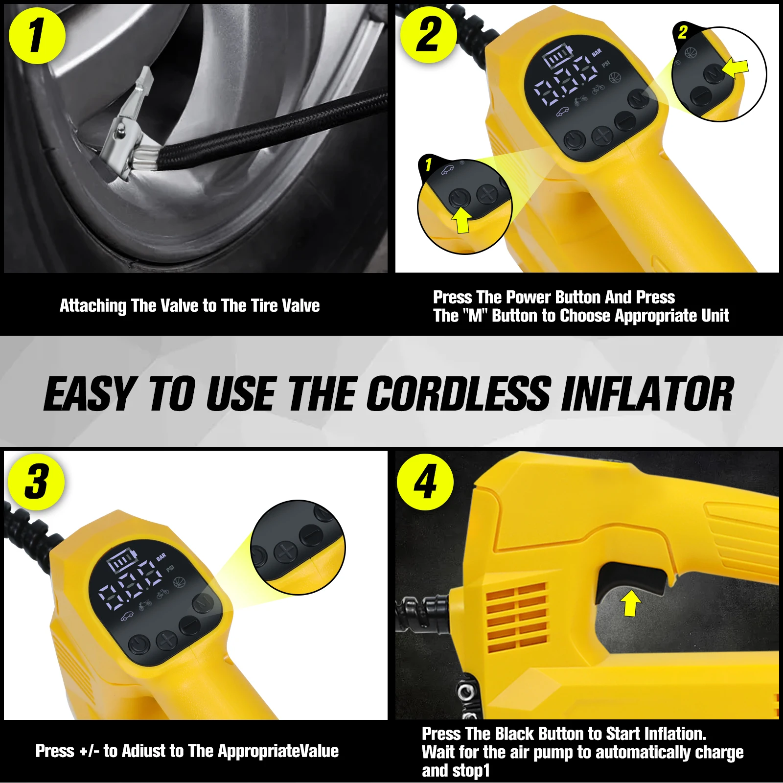 Imagem -04 - Bomba de ar Elétrica Portátil para Dewalt Inflator Pneu sem Fio Manômetro Digital Apto para Carros Bicicletas Motocicletas 18v