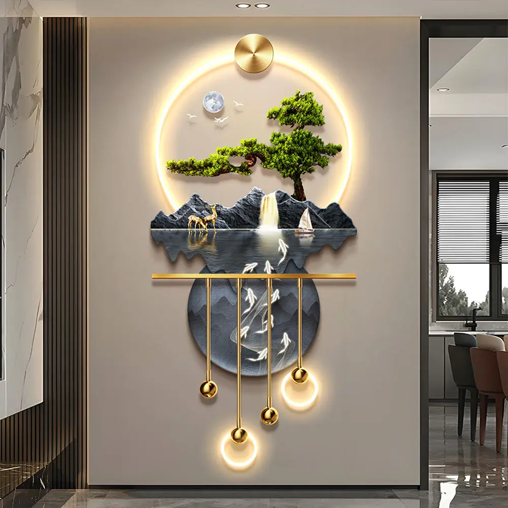 Luxury Art Deco Landscape Wall Painting with LED Lights, Modern UV Printed Carbon 3D Technology for Hotels