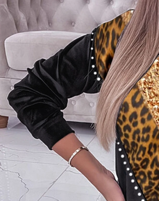 Women's Pants Set 2023 New Hot Selling Fashion Long Sleeve Leopard Pattern Contrast Sequin Sweatshirt and Flipped Sweatpants