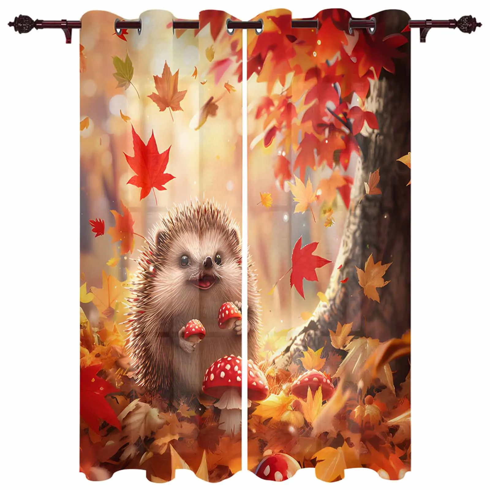 Autumn Maple Leaf Forest Hedgehog Mushroom Modern Panels Hall Curtains for Living Room Bedroom Window Curtains Hotel Drapes