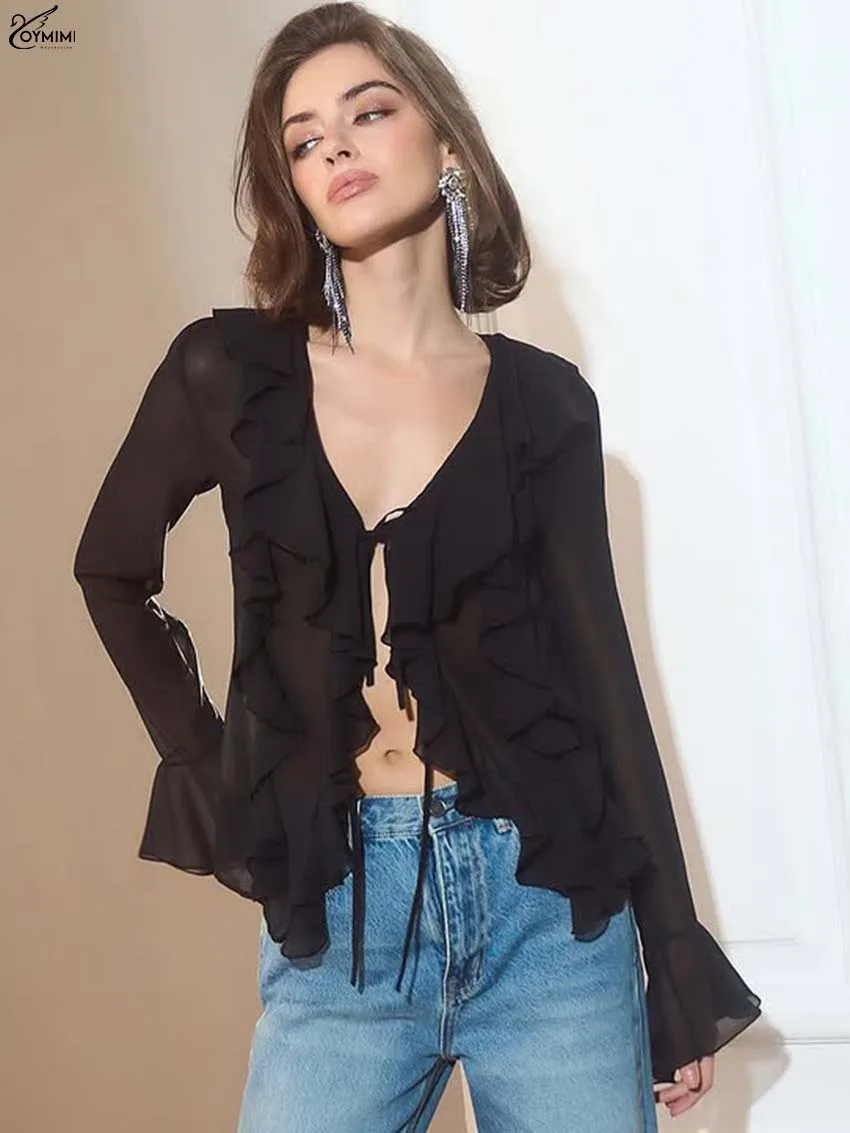 Oymimi Moda Camicia da donna sottile nera Elegante manica lunga con volant Camicette con lacci Estate Nuove camicette traslucide solide Donna