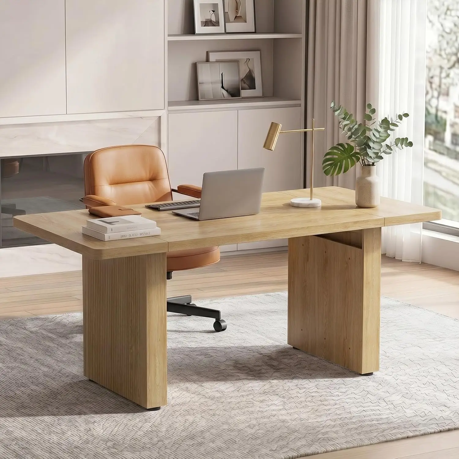 63 Inch Wood Executive Desk Fluted Office Table Natural Oak Workstation, Customized