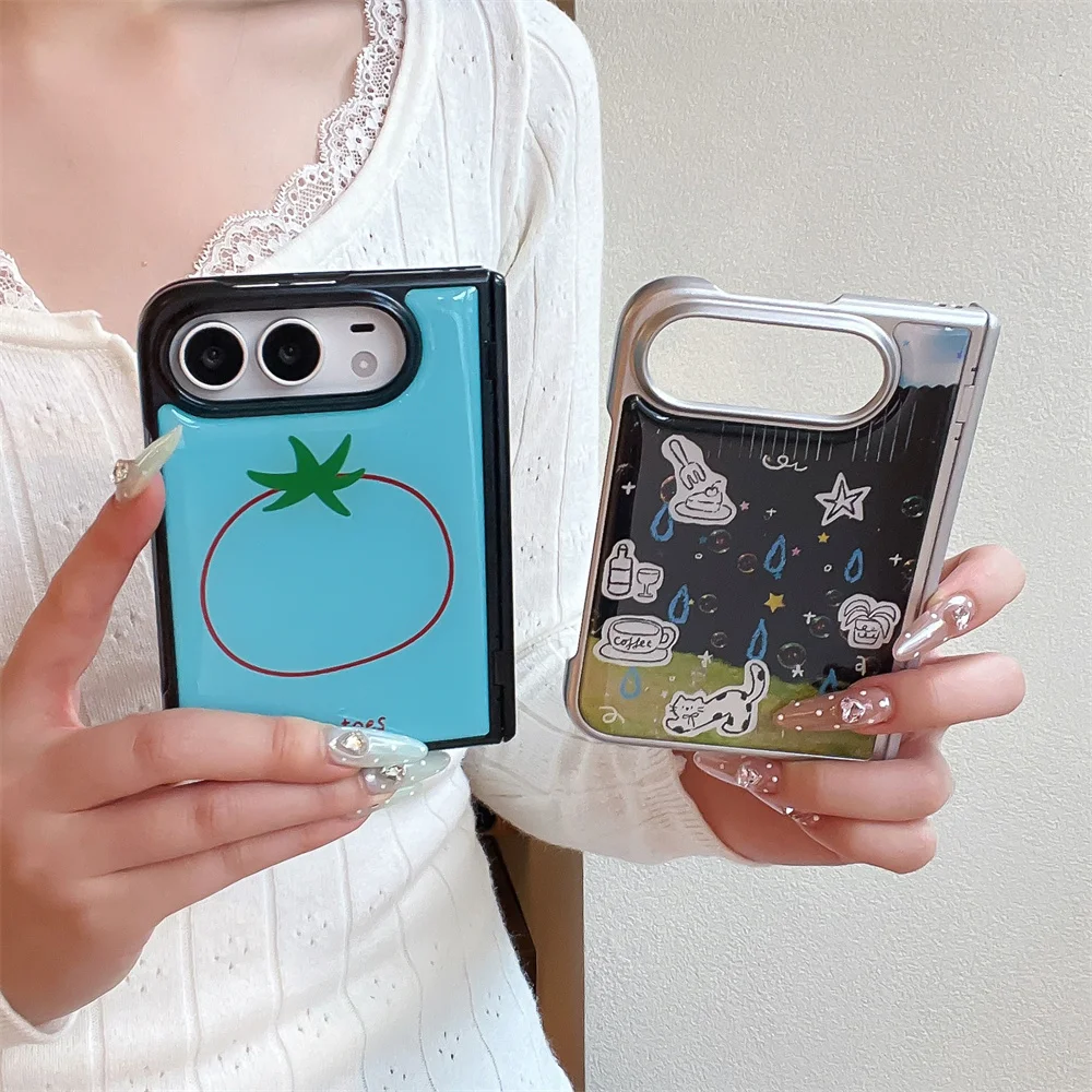 Korea Fashion Cartoon Ins black Cake Tomato Glue Phone Case For iPhone Duo Cover Shockproof Cute Fold Cases with Funda