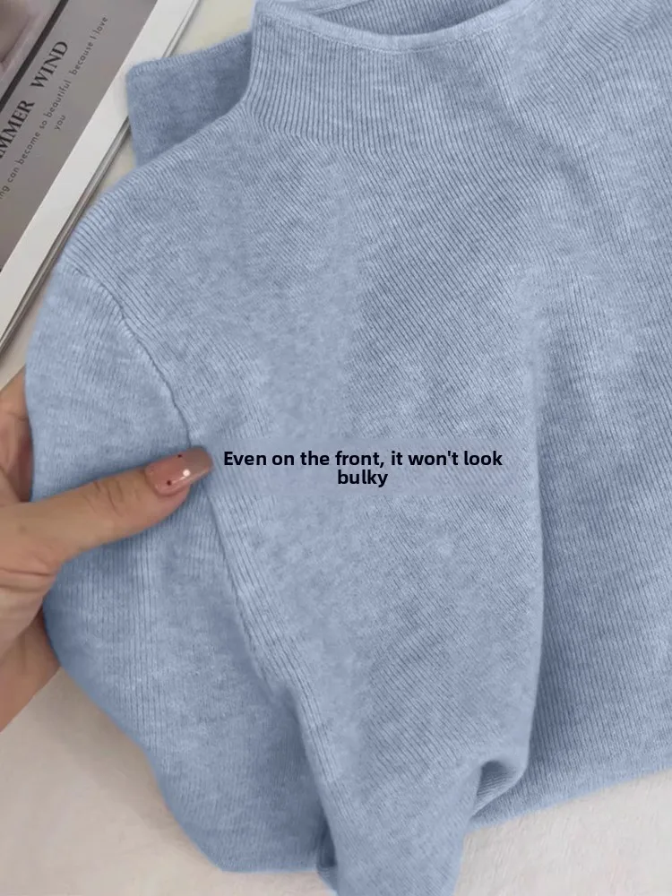 بلوزة صوفية محبوكة فضفاضة بأكمام طويلة للنساء، تصميم جديد لخريف وشتاء، سترة زرقاء بياقة نصف عالية