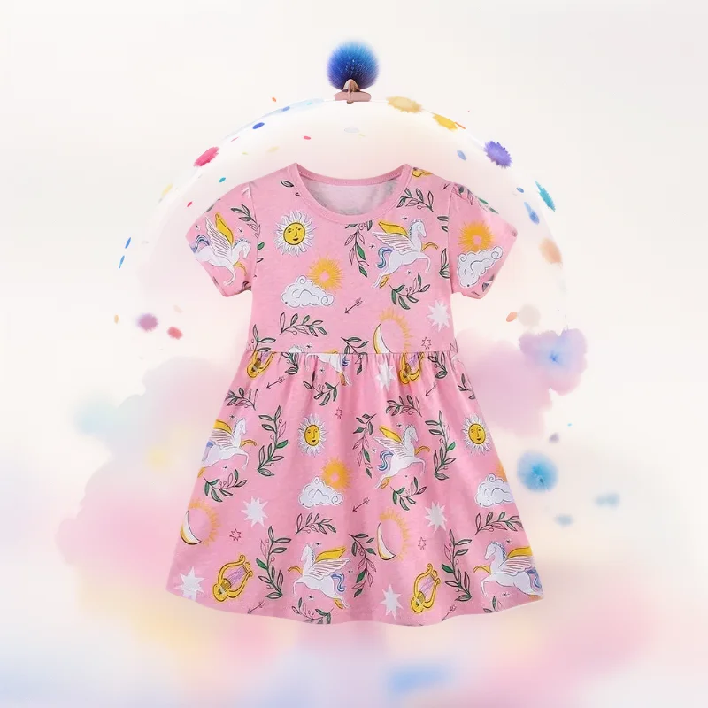 Hot Sell Summer Girl's Dress Cartoon Unicorn Printed Princess Dress for Children Short Sleeved Children's Skirt