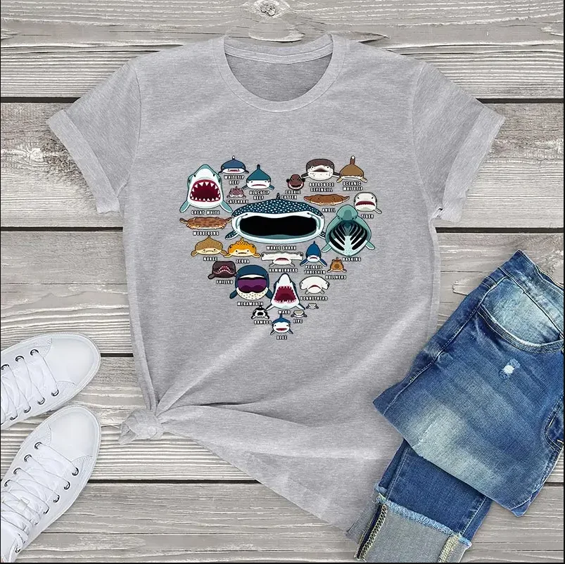 100 baumwolle t shirt frauen herz liebe shark gesichter kawaii gedruckt short-sleeve tee tops fashion t-shirt nette mädchen kleidung sommer