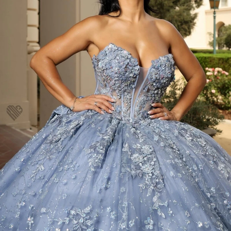 Blau glänzende Quinceanera-Kleider aus der Schulter, Applikation, Spitze, Perlen verziert, Tüll, Party, Geburtstag, süßes 16-Kleid, Vestidos 15 De Anos
