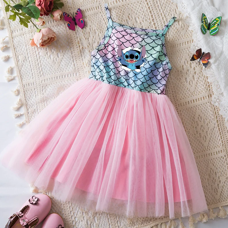 

Lilo Stitch Kids Girls Princess Dresses Printed Cute Baby Clothes Cotton Sleeveless Sling Summer Prom Dresses Costume