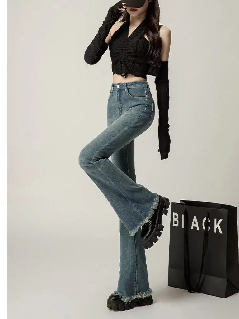 

Retro American Bell Bottom Jeans Women's High Waist Slimming Spring Summer Floor Length Hoof Pants Cotton Stretch Denim