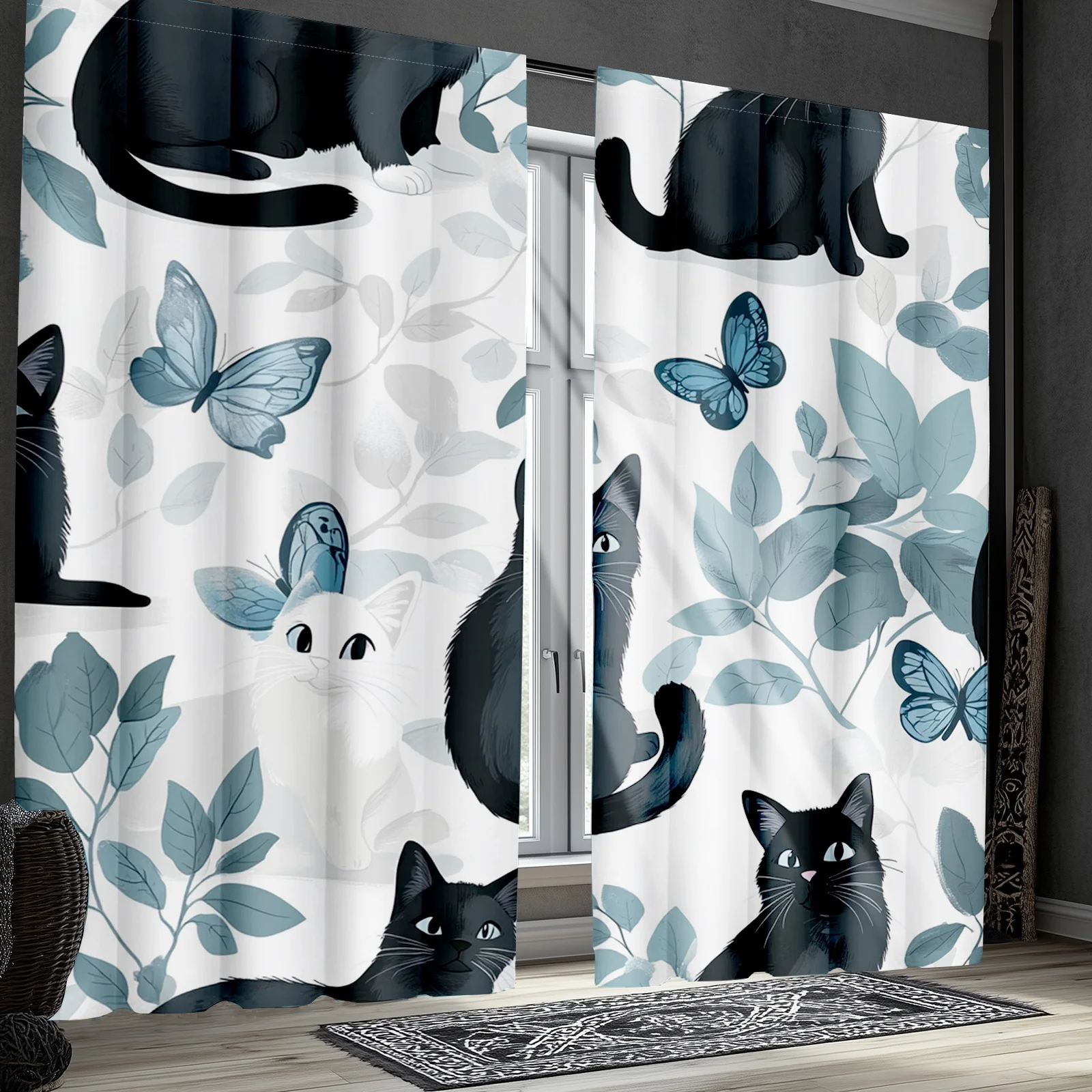2pcs Black Cat Curtains & Drapes, Green Palm Leaves and Blue Butterfly Blackout Drapes for Animal Themed Chic Window Treatments