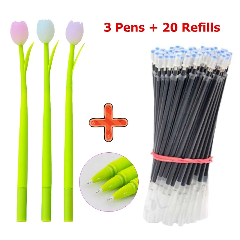 Stylos gel créatifs en silicone pour plantes et tulipes, stylos signature pêche, 3 stylos gel + 20 pilules quotidiennes, 0,38mm