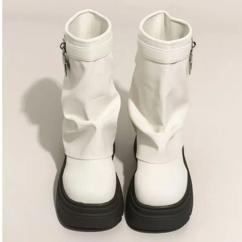 Women Slouch Ankle Boots Thick Platform Round Toe Slouchy Short Booties Metal Lock Decor Slip On Casual Autumn Winter Shoes