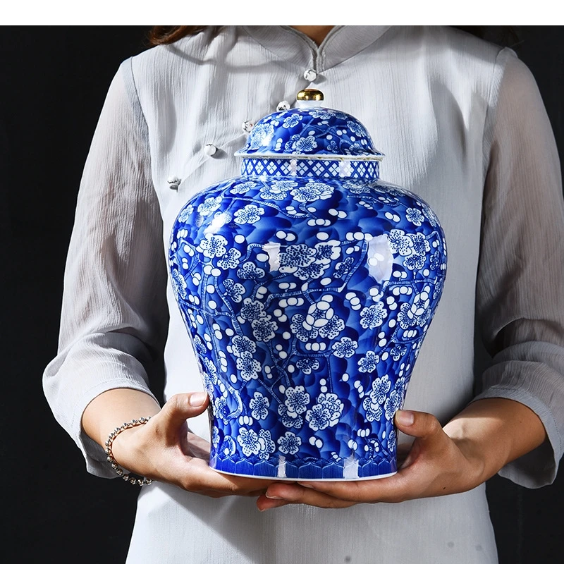 Blue and White Porcelain General Jar Ceramic Tea Pot Sealed Storage Plum Ginger Handicraft Ornaments Home Decoration