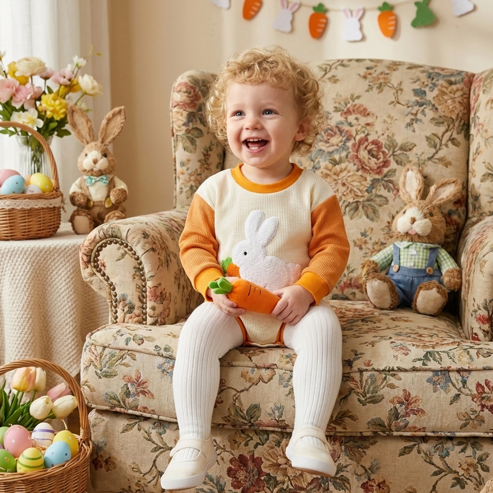 Infant Boys Girls Easter Romper Cute Bunny Carrot Embroidery Long Sleeve Crew Neck Spring Jumpsuit