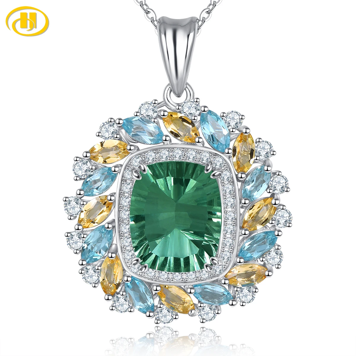 

Natural Green Fluorite Sterling Silver Pendant 6.8 Carats Genuine Citrine Topaz Original Design Exquisite Fine Jewelrys