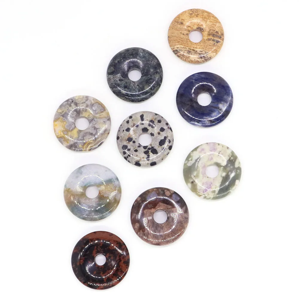 Wholesale 30mm Natural Round Big Hole Hollow Stones Healing Crystals Donut Charm Pendant For Making Jewelry Necklace Lucky Gifts